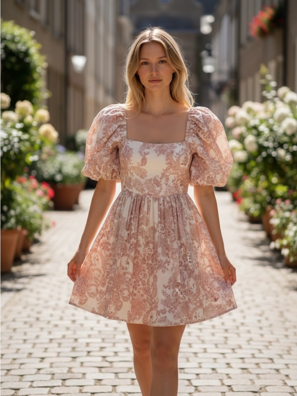 Avec Les Filles Blush Toile Puff-Sleeve Mini Dress
